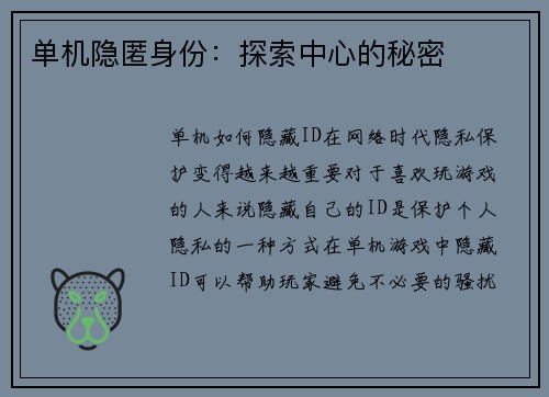 单机隐匿身份：探索中心的秘密